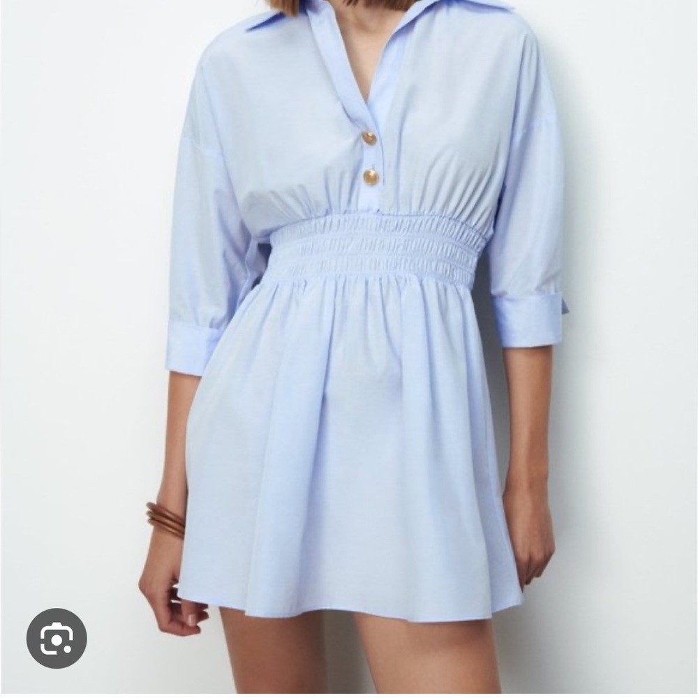 Blue Zara dress with gold buttons